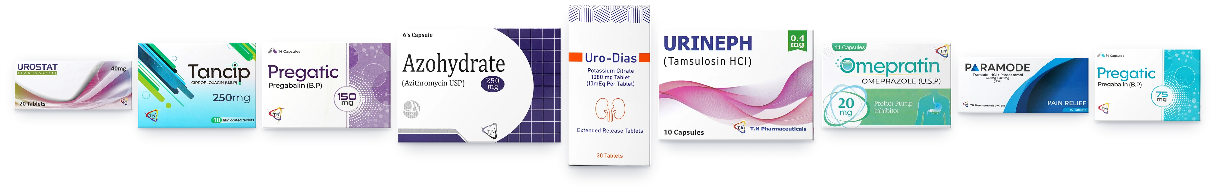 TN Pharmaceuticals packs: Urostat, Tancip, Pregatic, Azohydrate, Uro-Dias, Urineph, Omepratin and Paramode